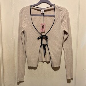 Cream Ribbed Cardigan with Black Trim
